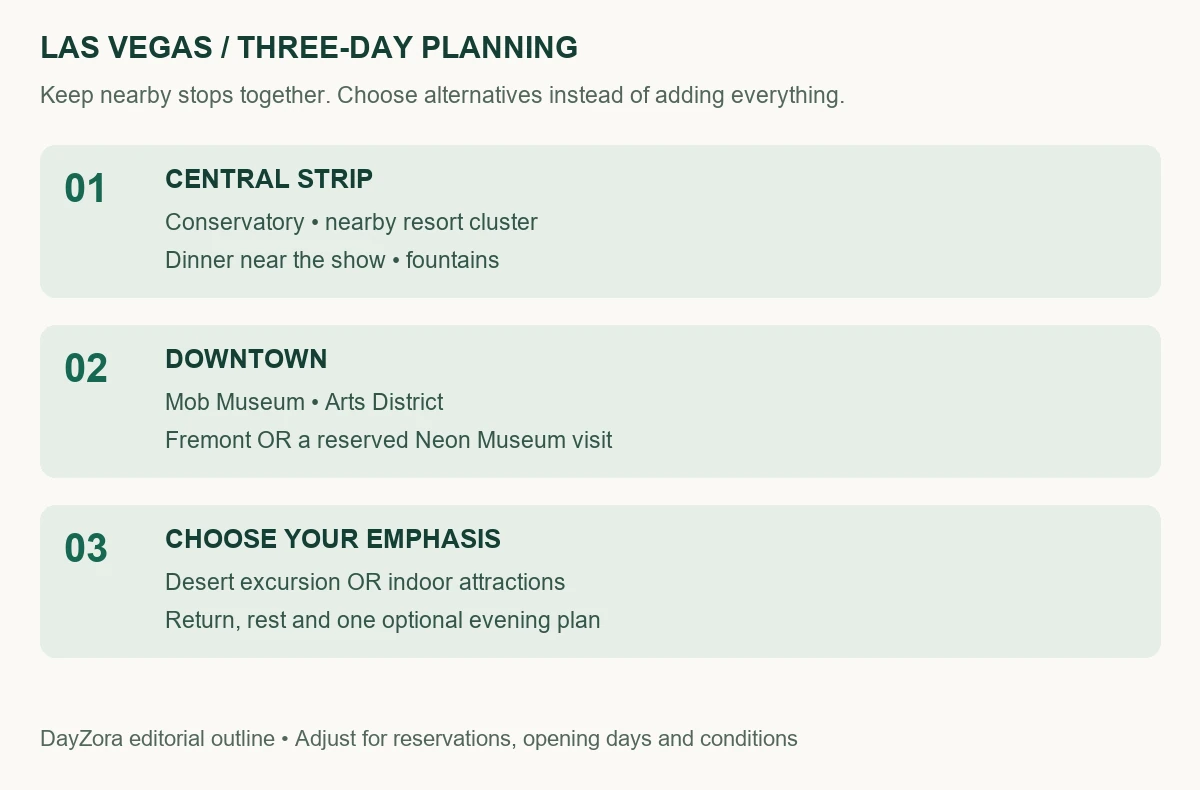 Las Vegas three-day outline showing nearby activity groups