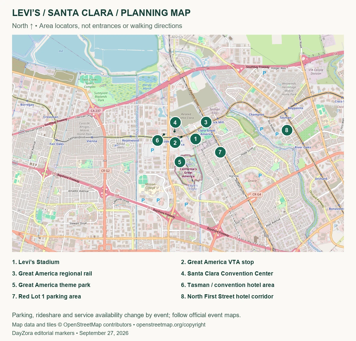 Levi’s Stadium area map with nearby transport, parking areas, hotel areas and landmarks
