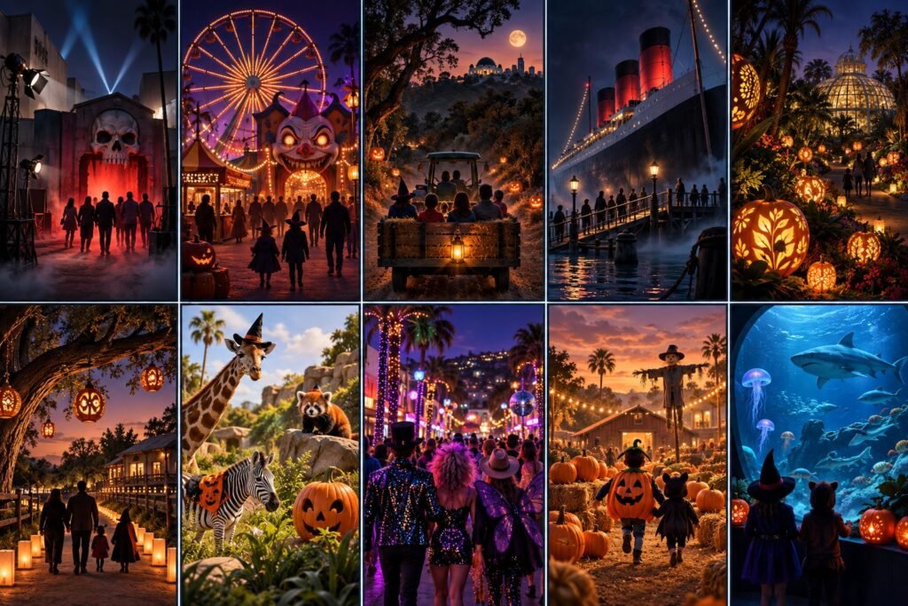 Illustrated collage of ten Los Angeles Halloween event experiences