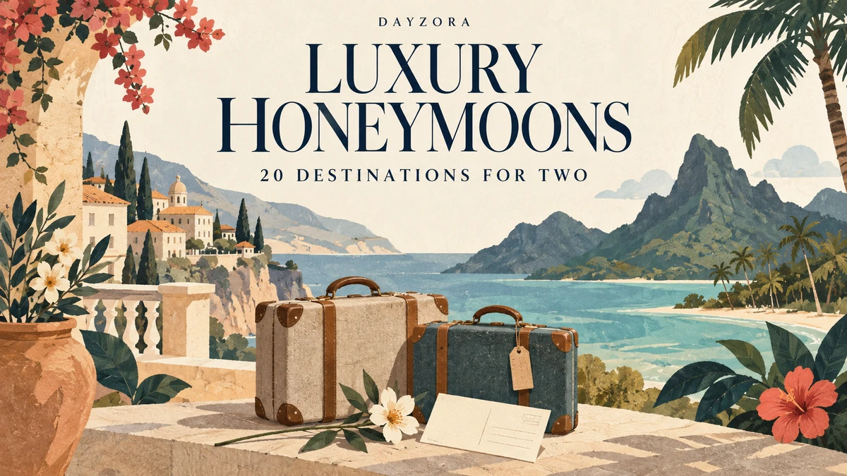 Illustrated pair of suitcases between a European balcony and tropical lagoon