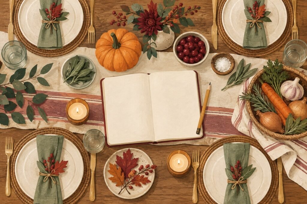 Illustration of a blank planning notebook and place settings on an autumn table