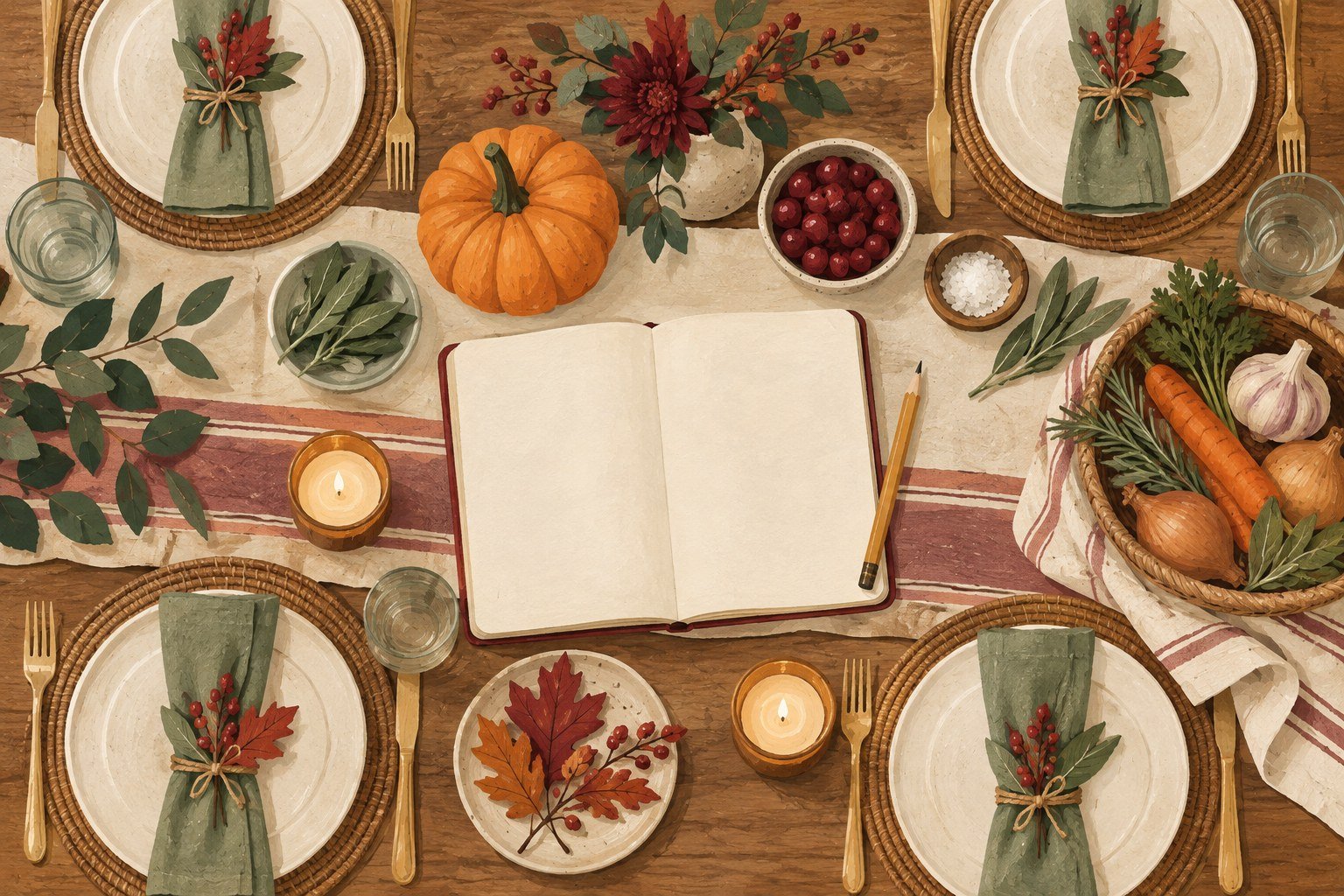 Illustration of a blank planning notebook and place settings on an autumn table