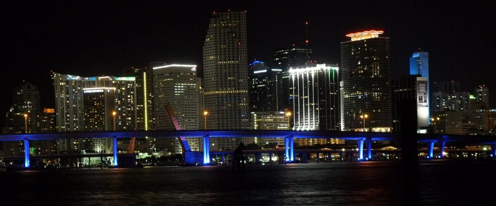 Downtown Miami skyline illuminated at night