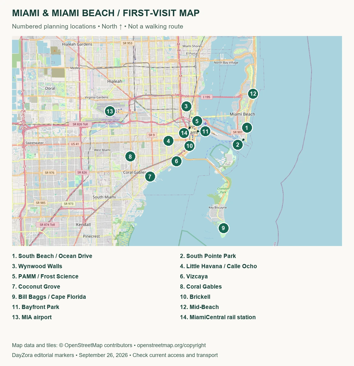 Miami planning map with numbered attractions, neighborhoods and transport hubs