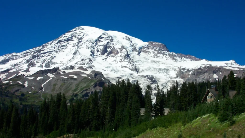 Mount Rainier above green meadows near Paradise