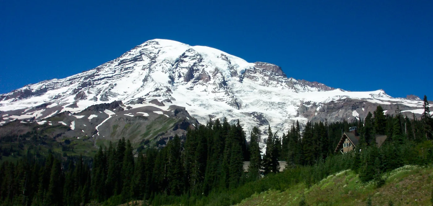 Mount Rainier above green meadows near Paradise