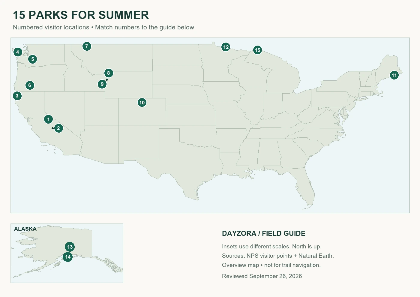 U.S. map with numbered visitor-location markers for the 15 parks in this guide