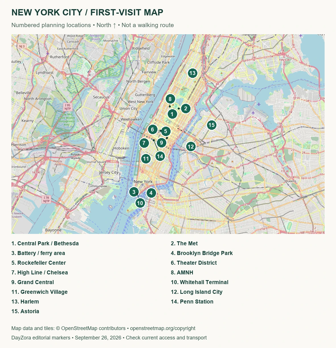 New York City planning map with numbered attractions, neighborhoods and transport hubs
