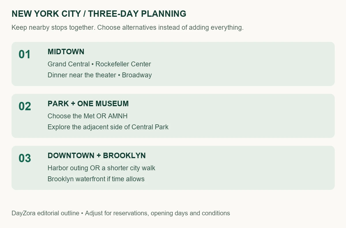 New York City three-day outline showing nearby activity groups