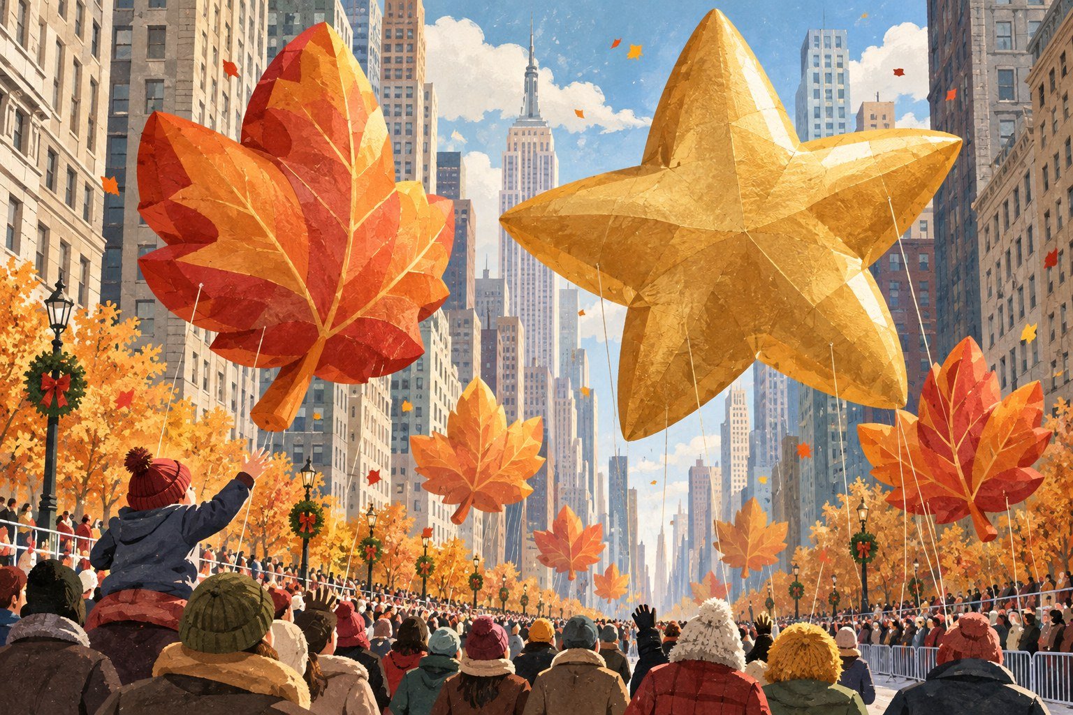 Concept illustration of generic star and leaf balloons above a Manhattan parade crowd