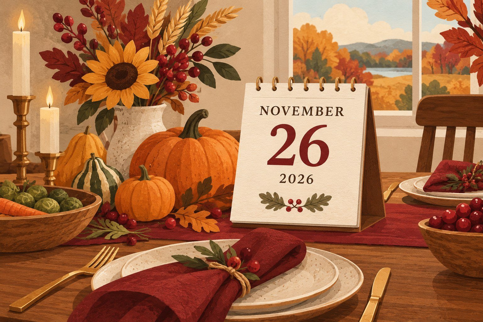 Illustration of a November 26, 2026 calendar on an autumn dining table