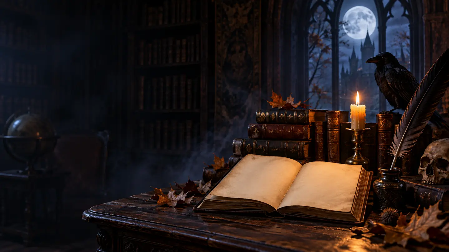Antique books, quill, candle and moonlit gothic window for literary Halloween quotes