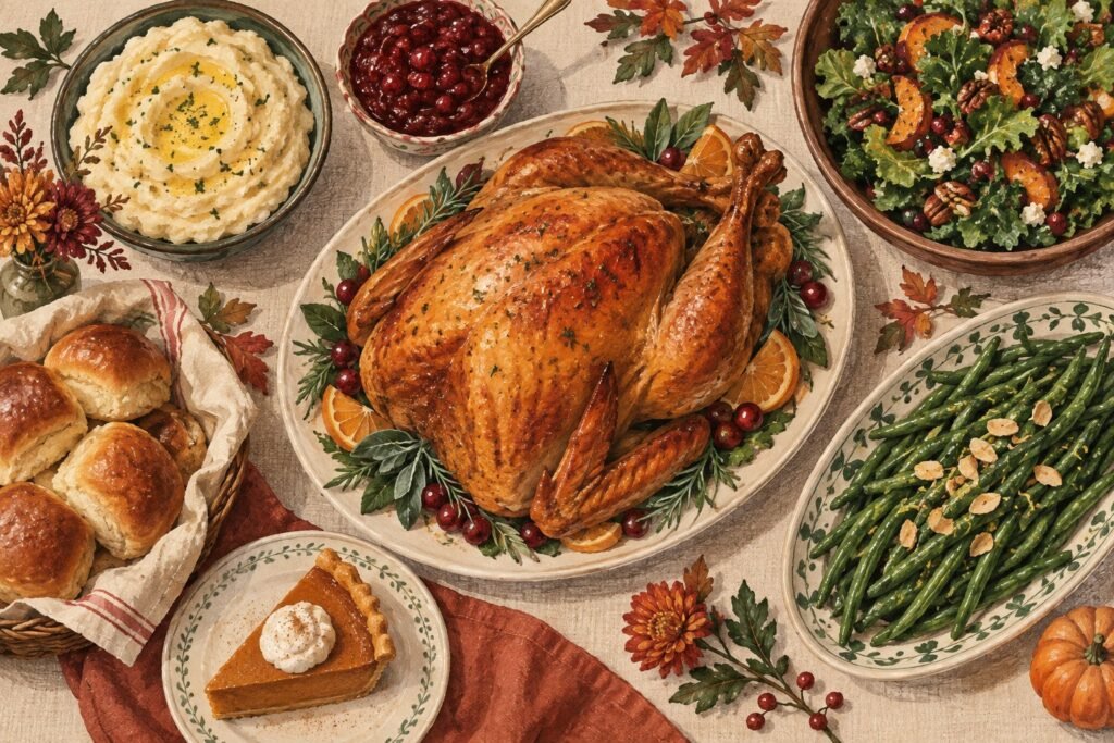 Illustrated Thanksgiving spread with turkey, vegetables, cranberry sauce and pie