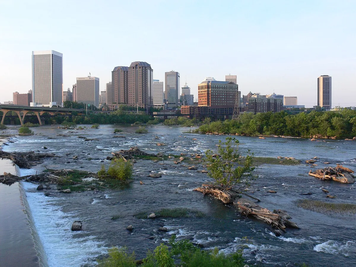 Rocky shallows of the James River beneath Richmond’s skyline