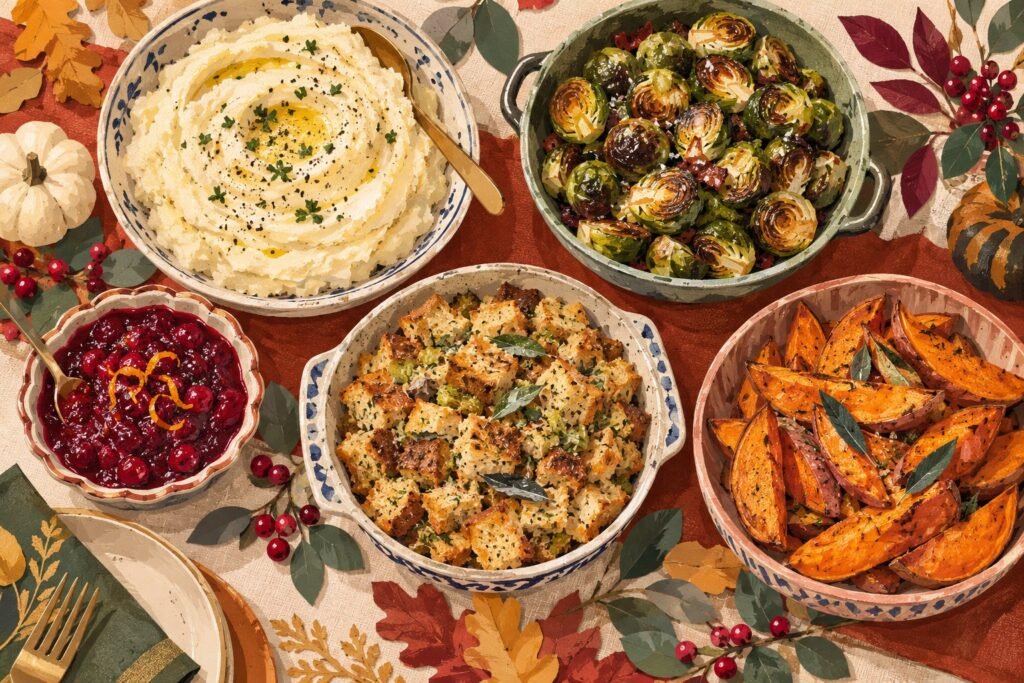 Illustrated bowls of mashed potatoes, Brussels sprouts, sweet potatoes, dressing and cranberries