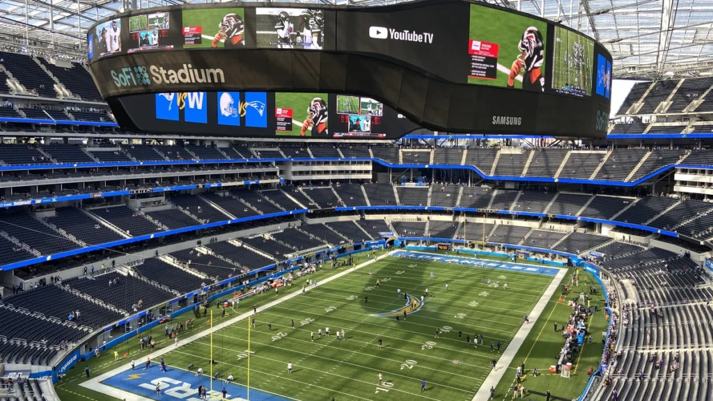 Interior of SoFi Stadium in Inglewood during a football game