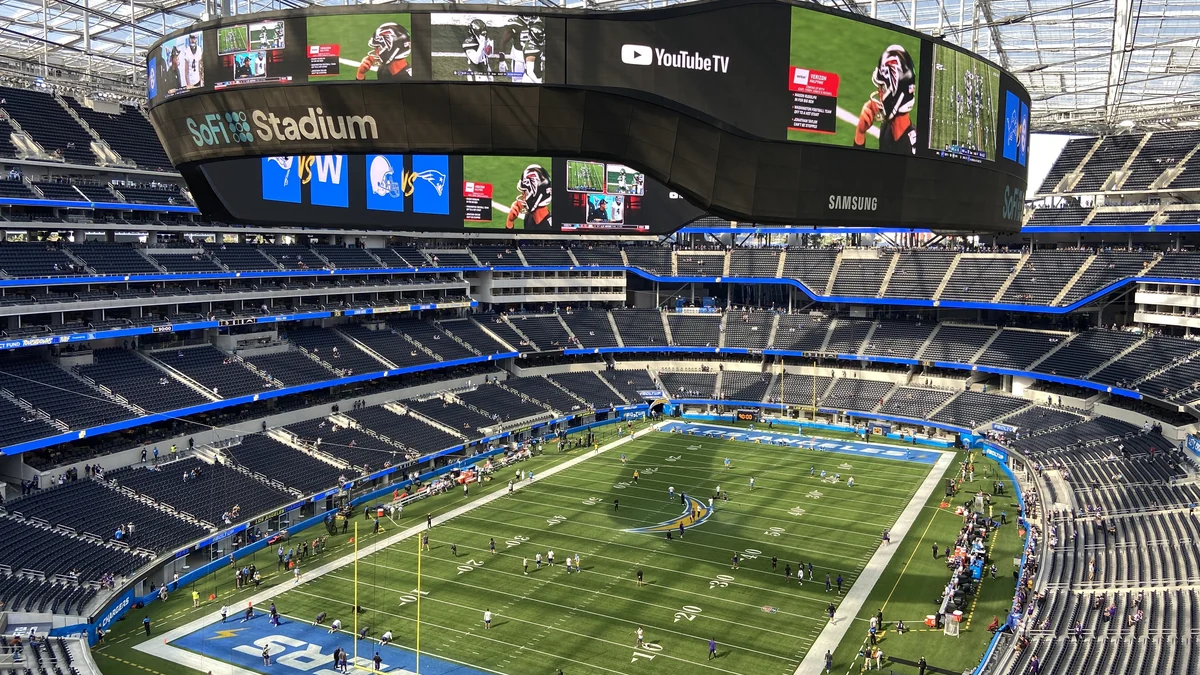 Interior of SoFi Stadium in Inglewood during a football game