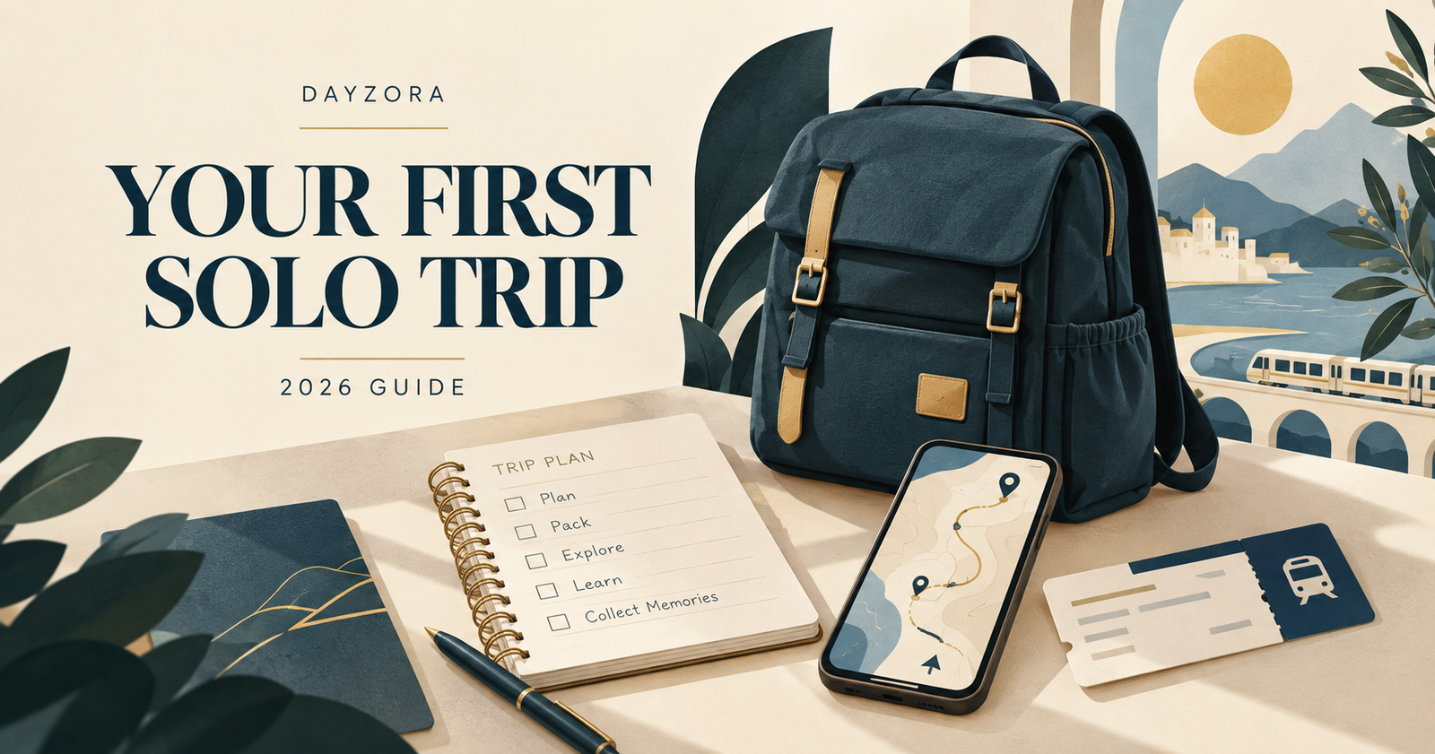 Conceptual illustration of a backpack, trip checklist, phone map and transit ticket