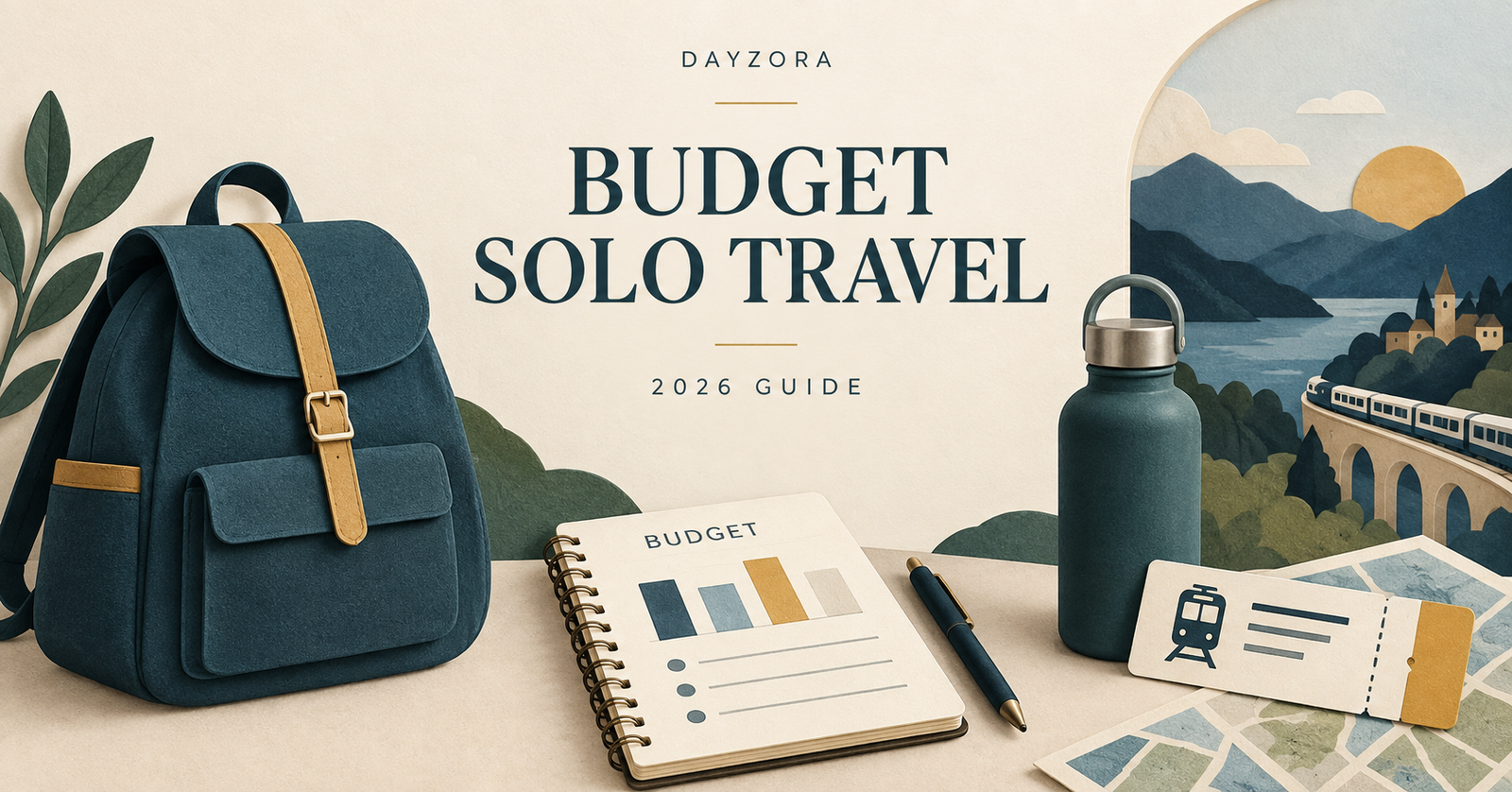 Conceptual illustration of a backpack, budget notebook, reusable bottle and train ticket