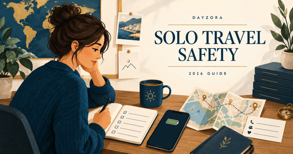 Conceptual illustration of a traveler planning with a charged phone, route map and emergency contact card