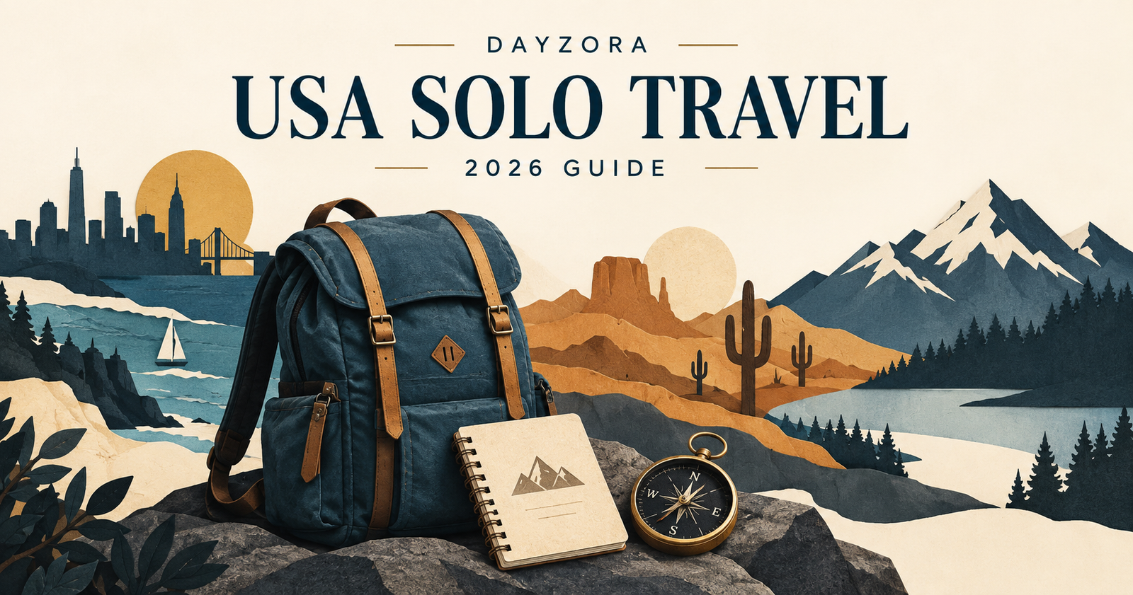 Conceptual illustration of a backpack, notebook and compass against stylized American city, coast, desert and mountain landscapes