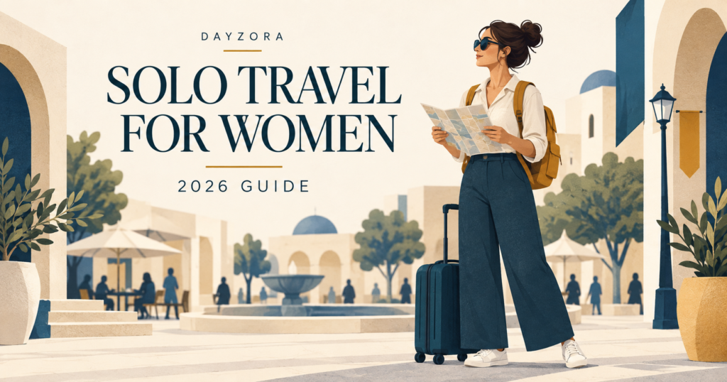 Conceptual illustration of a woman with a suitcase studying a map in an abstract public square