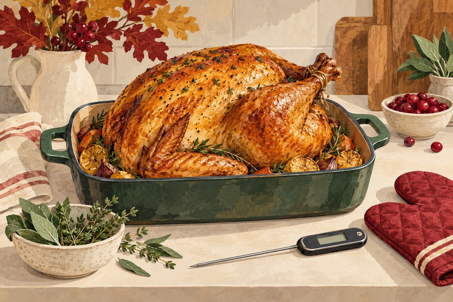 Illustration of a roast turkey with a food thermometer and oven mitt on the counter
