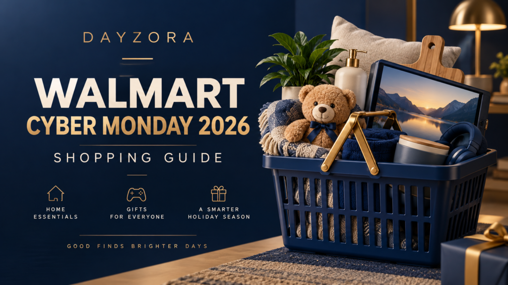 DayZora Walmart Cyber Monday 2026 guide with an illustrated basket of household goods, a teddy bear and electronics.