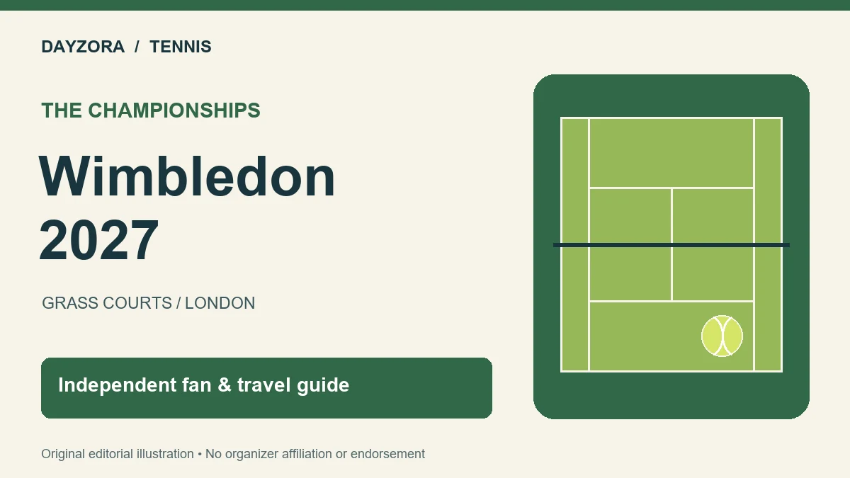 Abstract tennis court and ball beside Wimbledon 2027 lettering