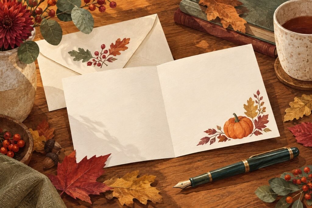 Illustration of a blank Thanksgiving card, envelope and pen with autumn foliage