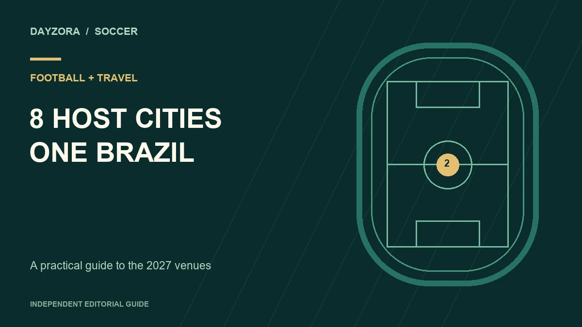 Original Brazil 2027 host cities and stadiums guide graphic with a soccer pitch motif.