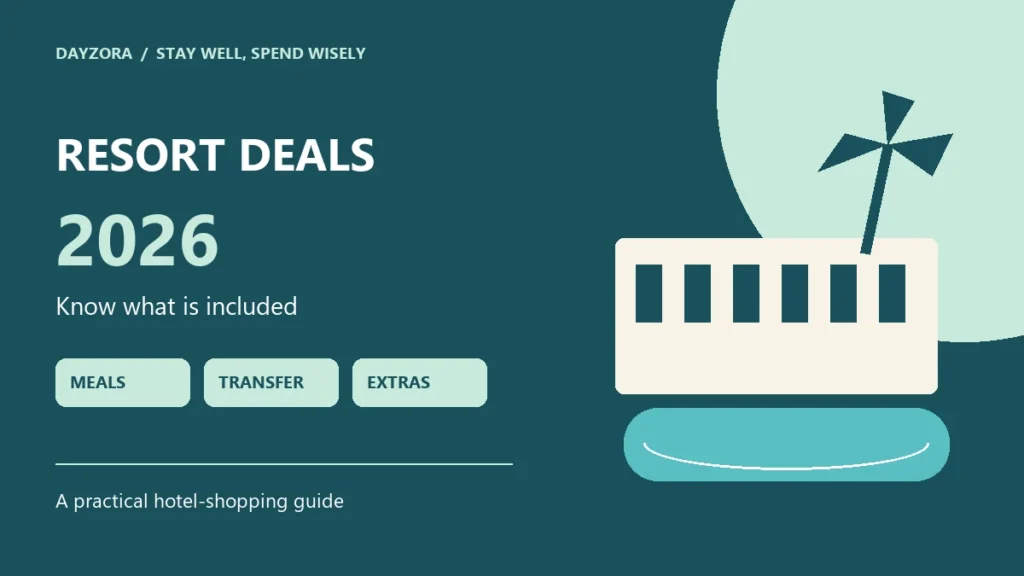 Illustrated resort, pool and package checklist showing meals, transfers and extras