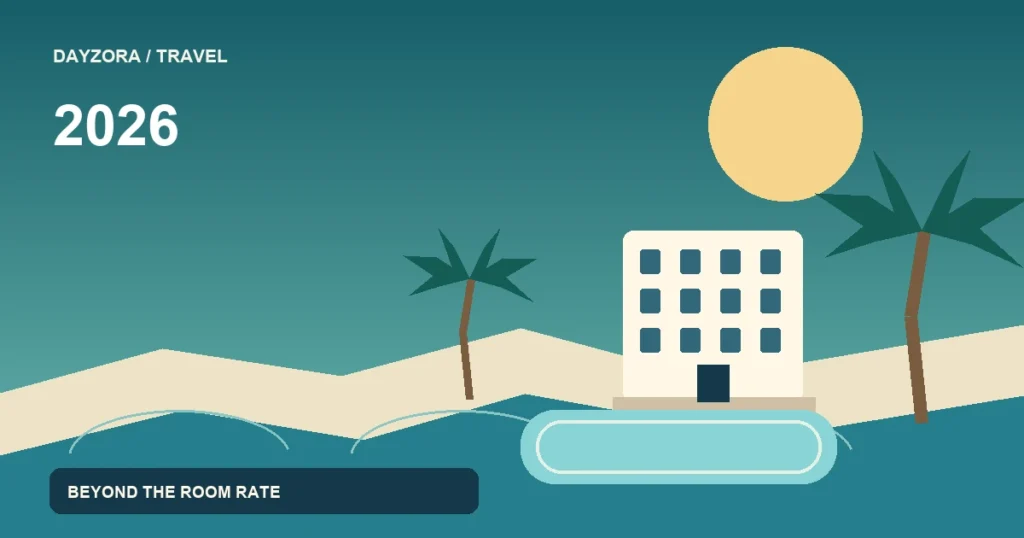 Stylized tropical resort with palm trees, a swimming pool and a beach.