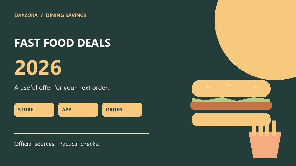 Illustrated burger and fries with an app-offer checklist for fast food deals in 2026