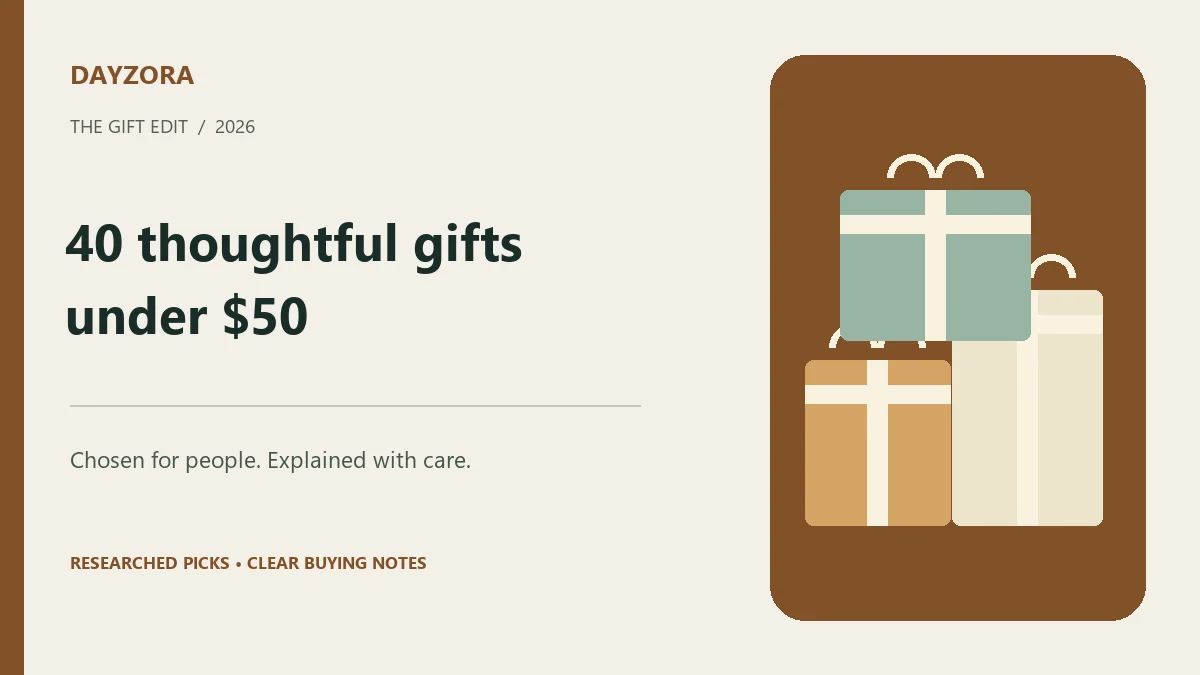 Original DayZora illustration of wrapped gift boxes with 40 gift ideas