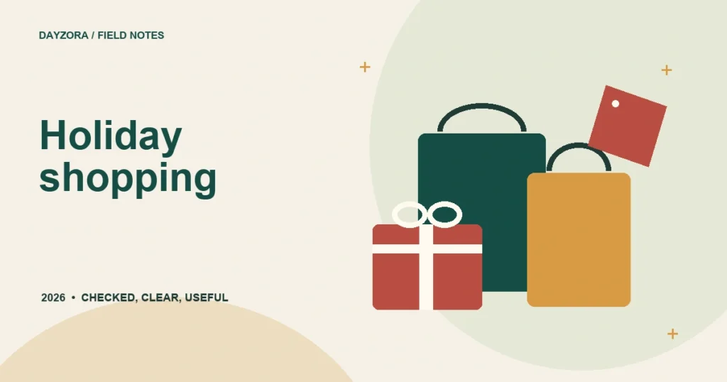 Illustrated shopping bags, wrapped gift, and price tag on a cream background
