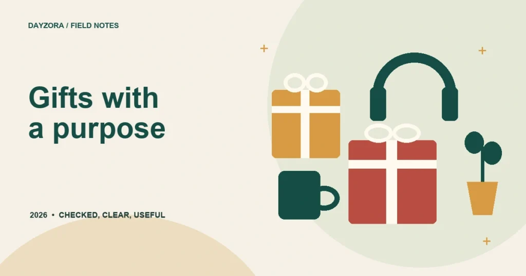 Collection of illustrated gifts, a mug, headphones, and a small plant