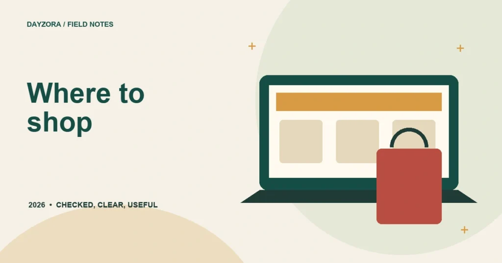 Illustrated online storefront on a laptop beside a shopping bag