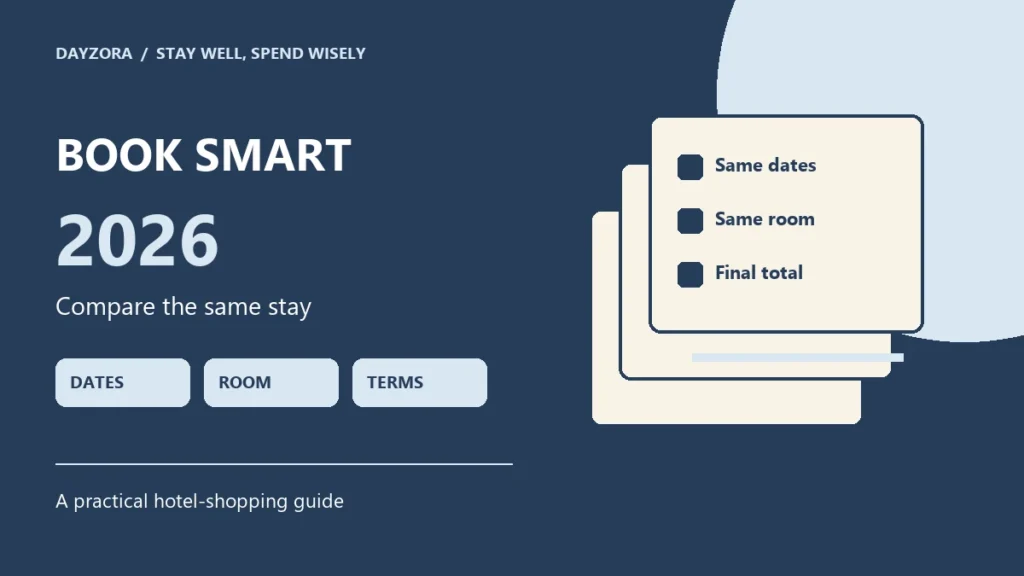 Illustration of hotel booking cards with matching dates, room details and final totals