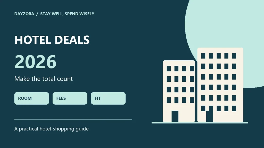 Illustrated hotel and comparison checklist for finding hotel deals in 2026
