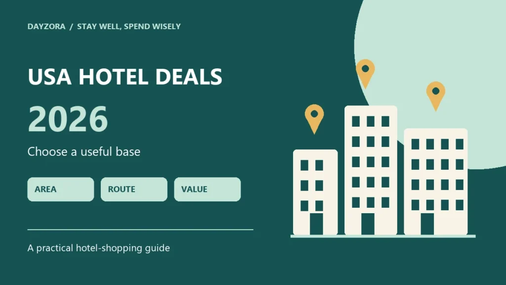 Illustrated US city hotel skyline and location pins for comparing eight destinations