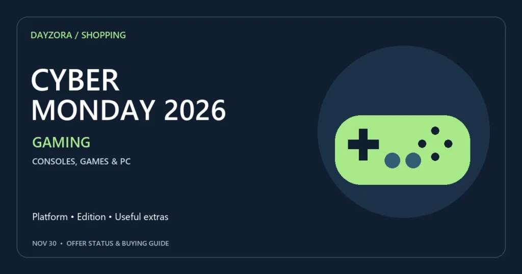 Cyber Monday gaming shopping graphic with a controller, console, game cards and a total-cost checklist.