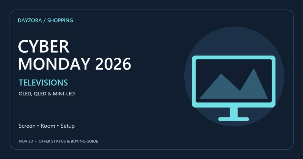 DayZora Cyber Monday 2026 cyber monday tv deals comparison graphic with an online shopping checklist.