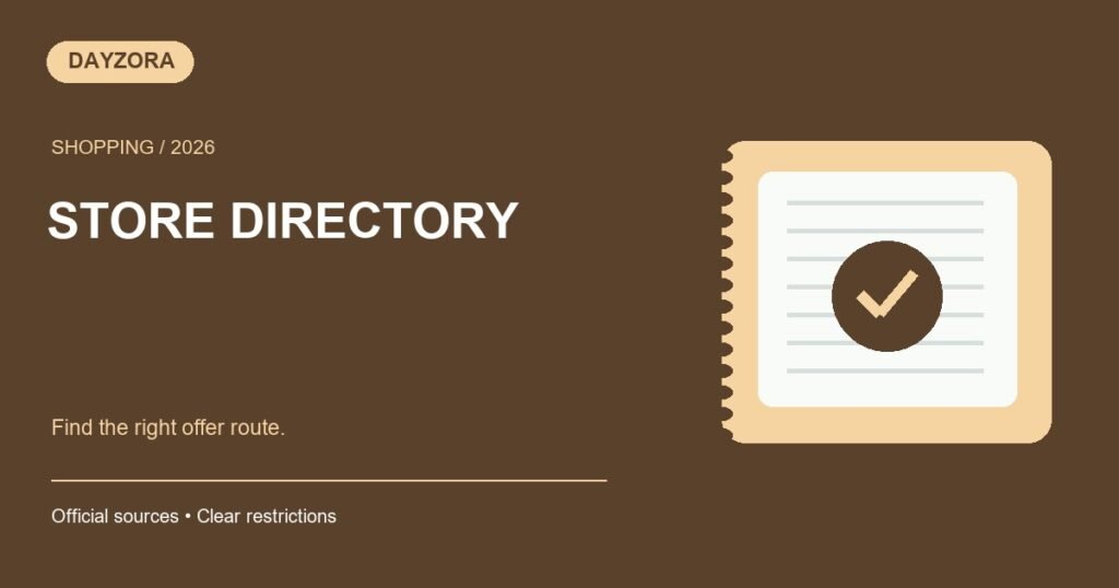 Original DayZora store directory illustration with a checked coupon and shopping receipt