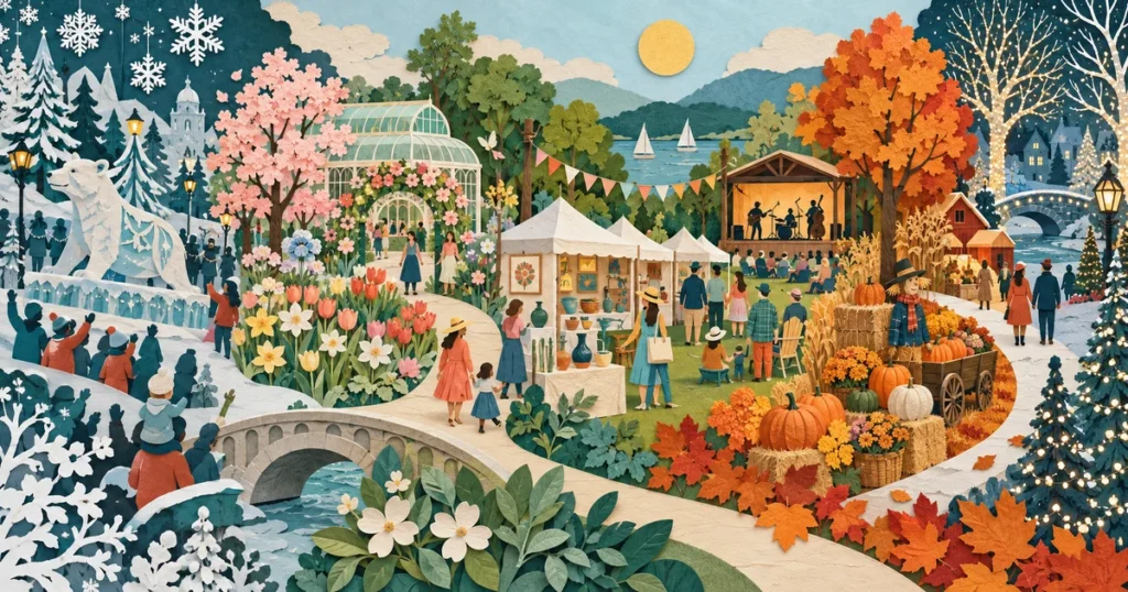 Illustrated four-season collage of parades, flowers, festivals and holiday lights