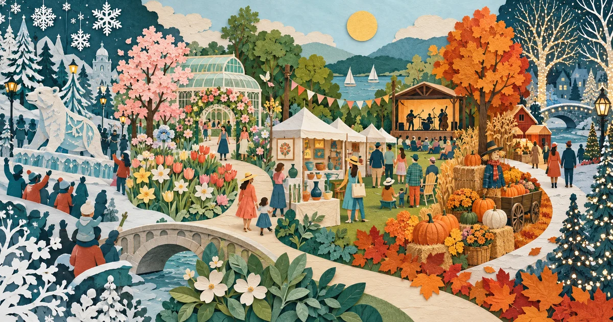Illustrated four-season collage of parades, flowers, festivals and holiday lights