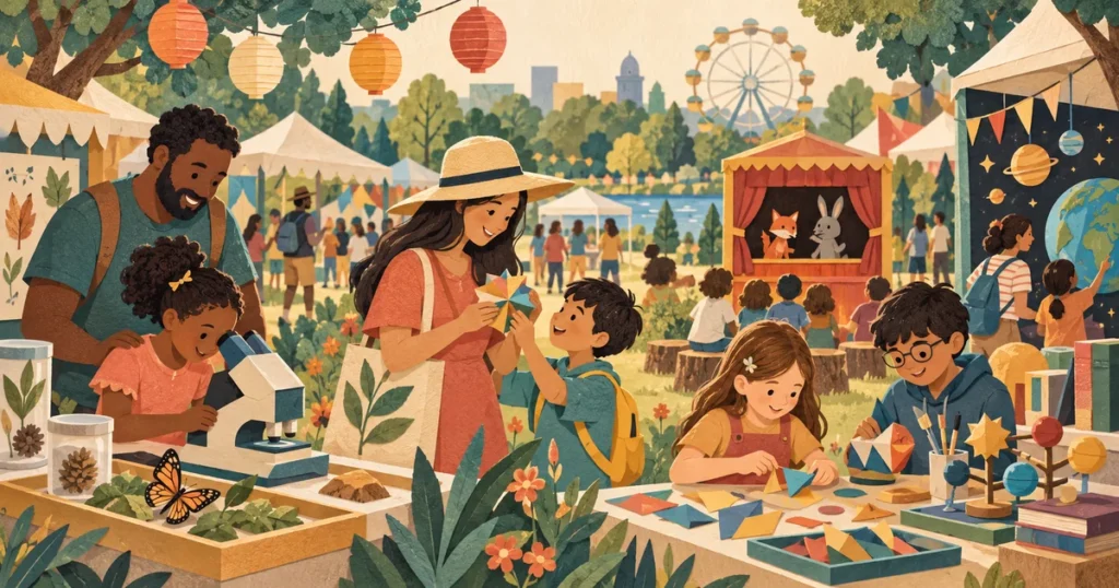 Illustrated families exploring crafts, science exhibits and a puppet theater
