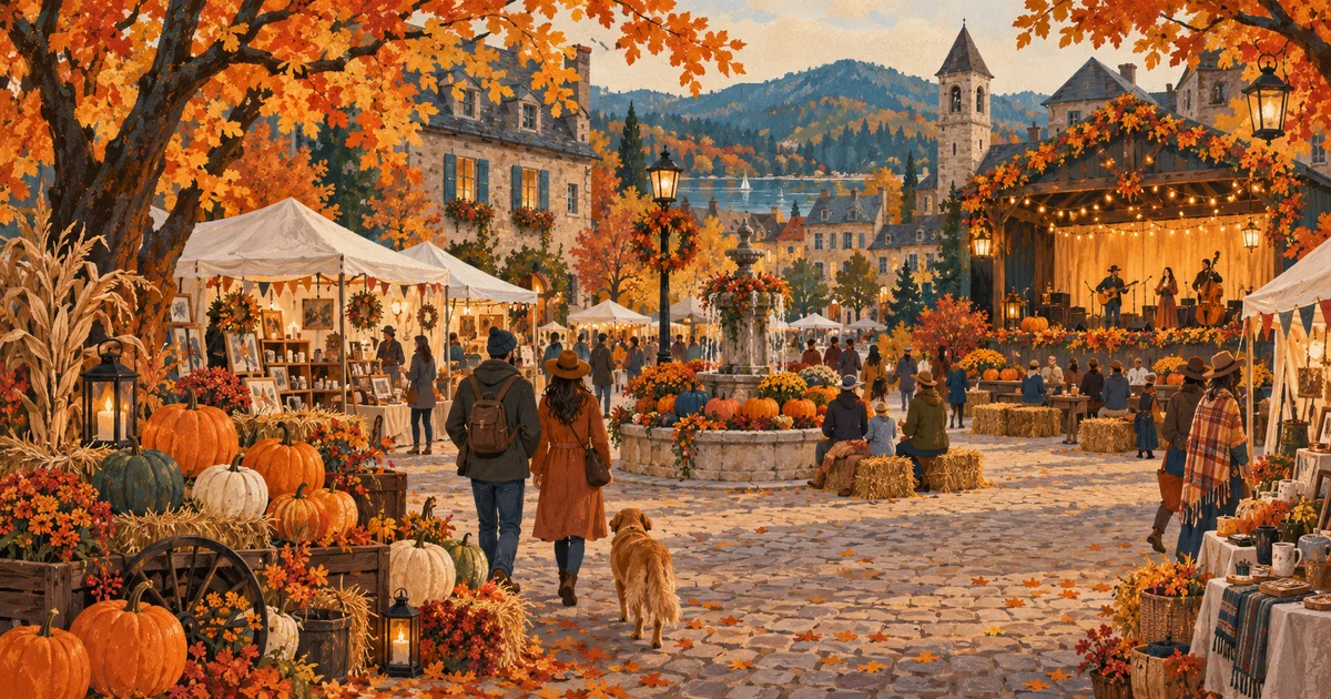 Illustrated autumn square with pumpkins, craft stalls and an outdoor stage