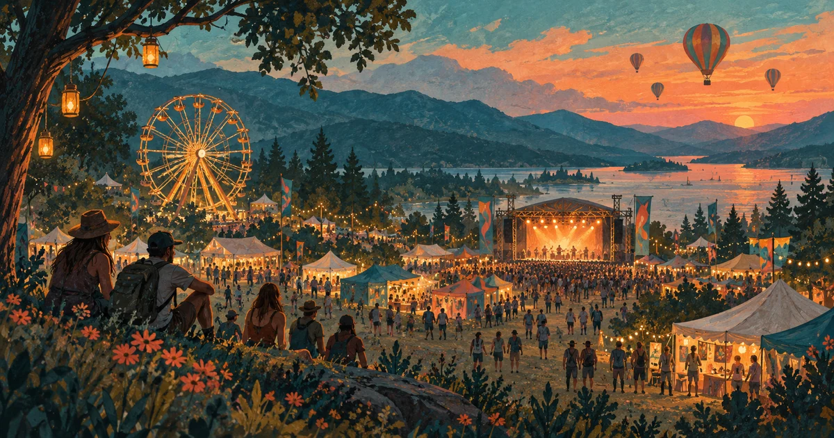 Illustrated fictional festival at dusk with a Ferris wheel, stage and balloons