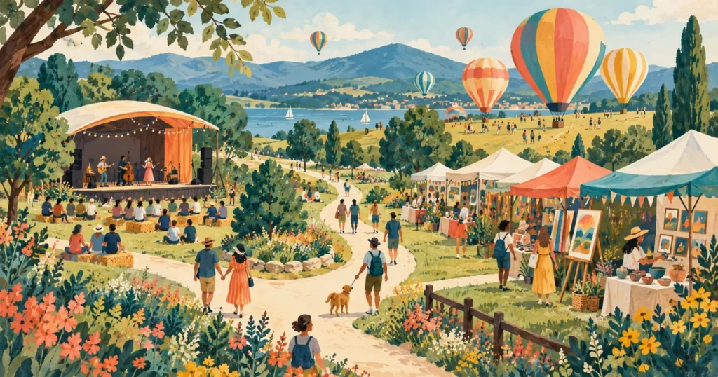 Illustrated outdoor weekend fair with an arts market, stage and balloons